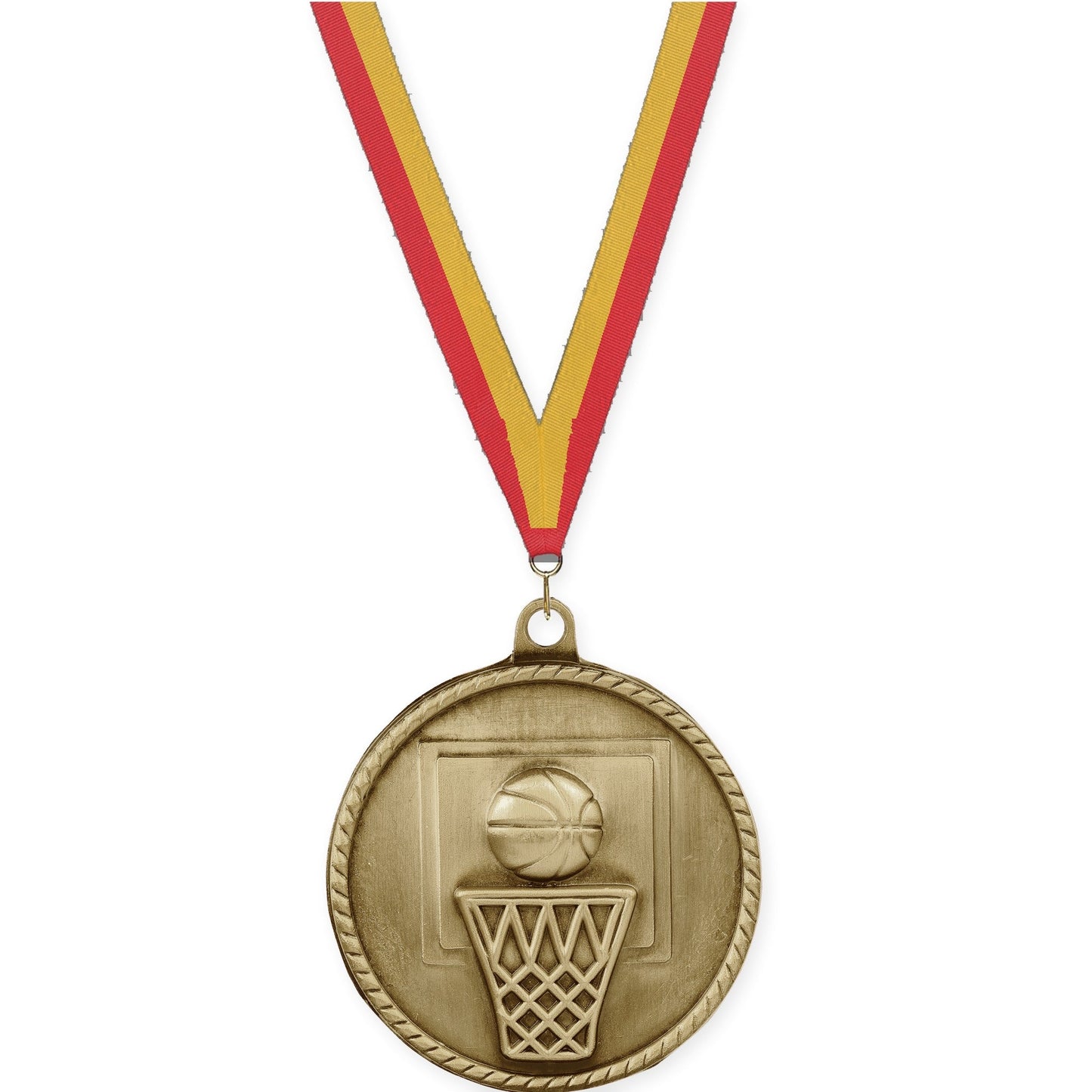 2 inch basketball High Relief medal in antique gold with Red Gold neck ribbon