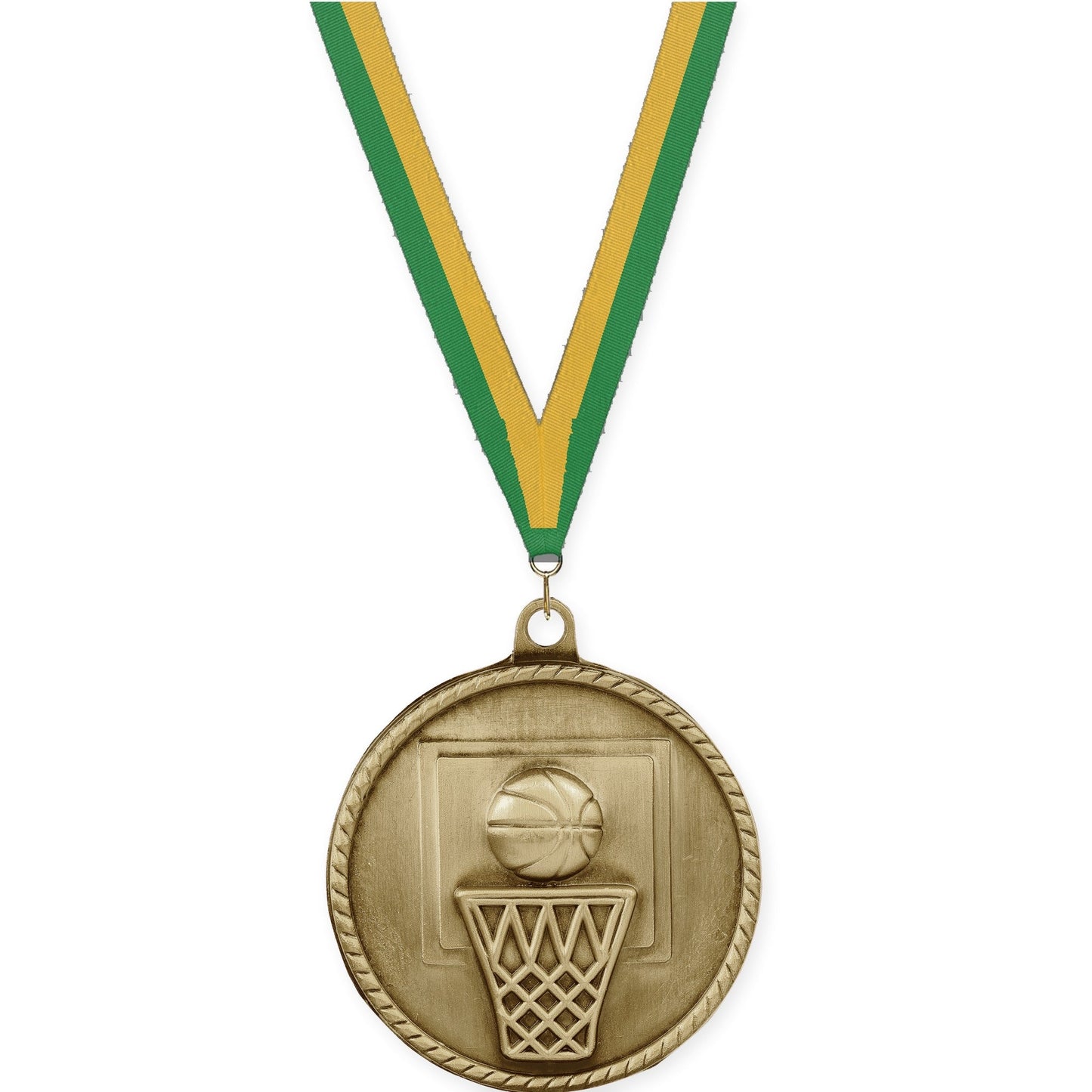 2 inch basketball High Relief medal in antique gold with Green Gold neck ribbon