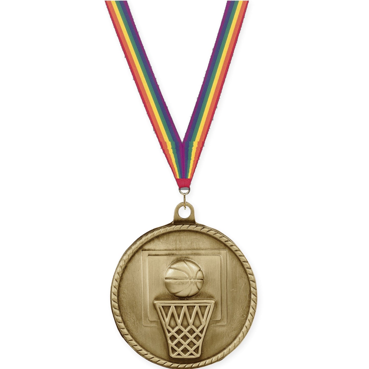 2 inch basketball High Relief medal in antique gold with Rainbow neck ribbon