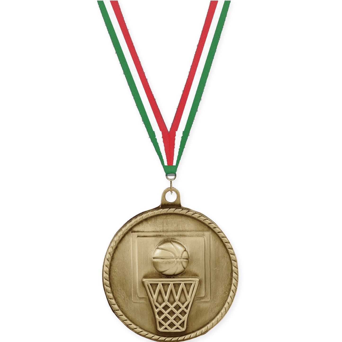 2 inch basketball High Relief medal in antique gold with Green White Red neck ribbon