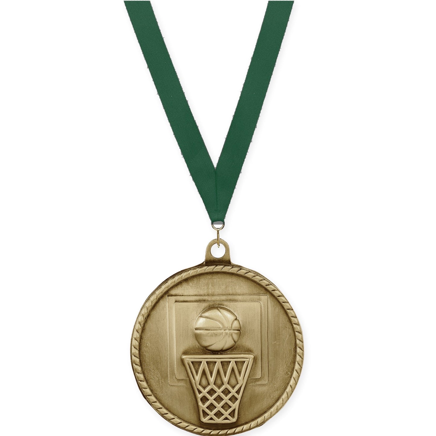 2 inch basketball High Relief medal in antique gold with Hunter Green neck ribbon