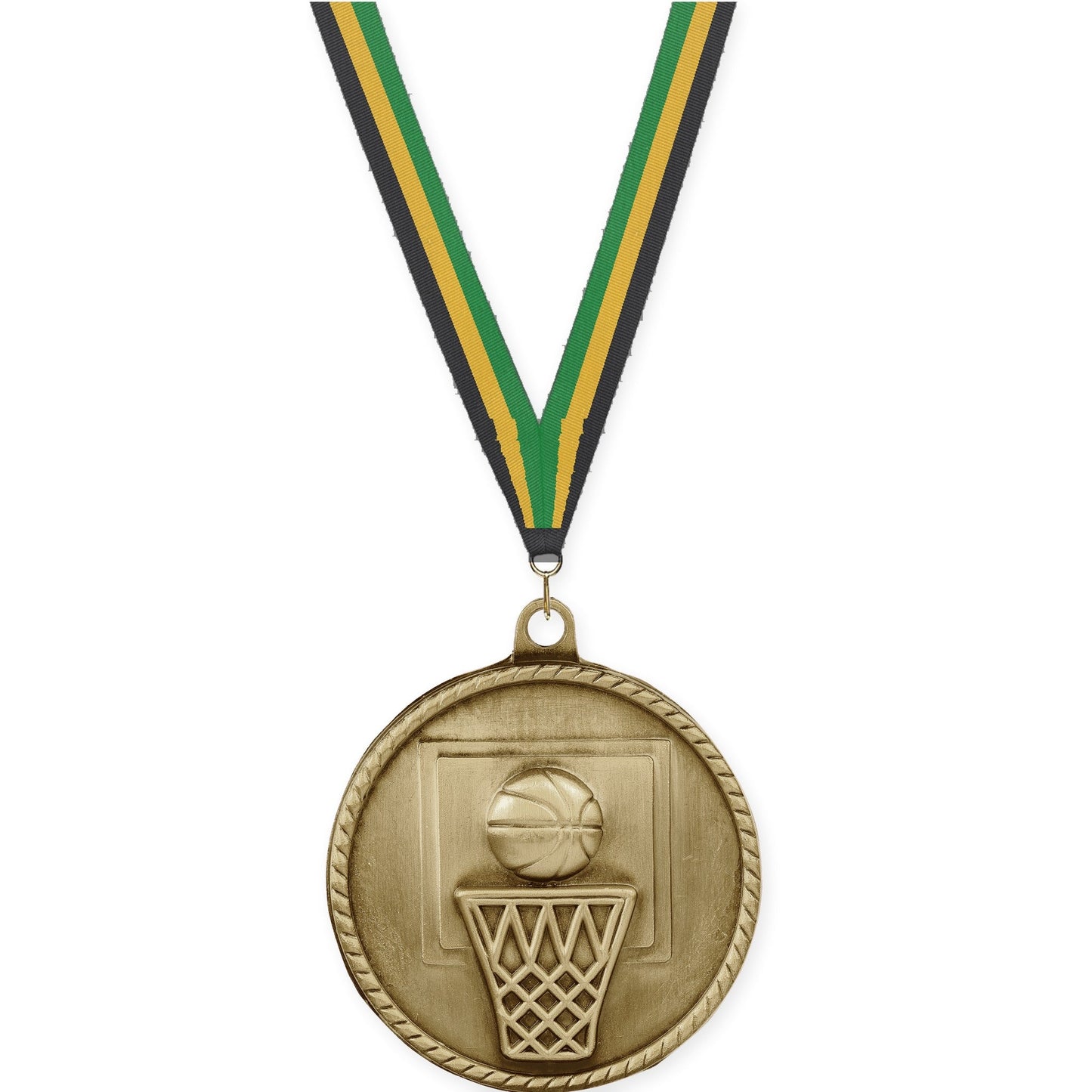 2 inch basketball High Relief medal in antique gold with Black Gold Green neck ribbon