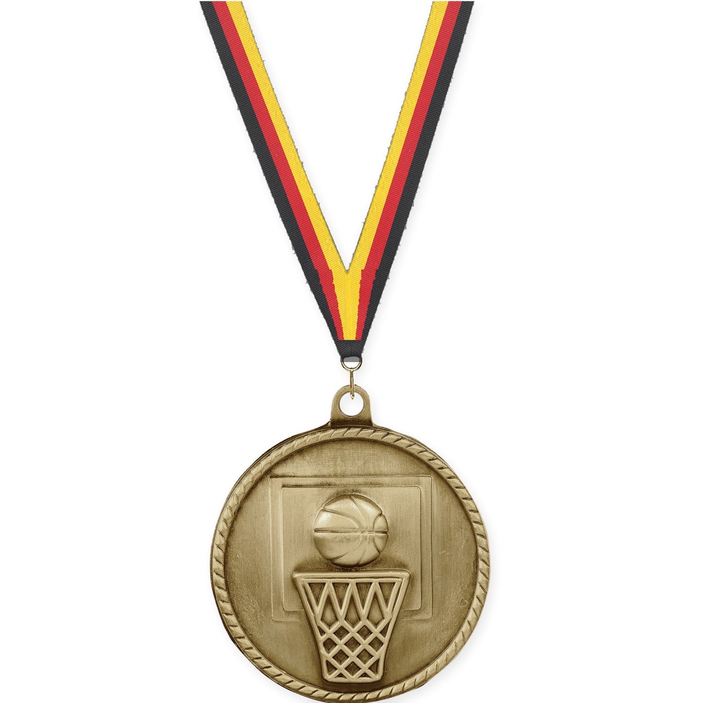 2 inch basketball High Relief medal in antique gold with Black Red Yellow neck ribbon