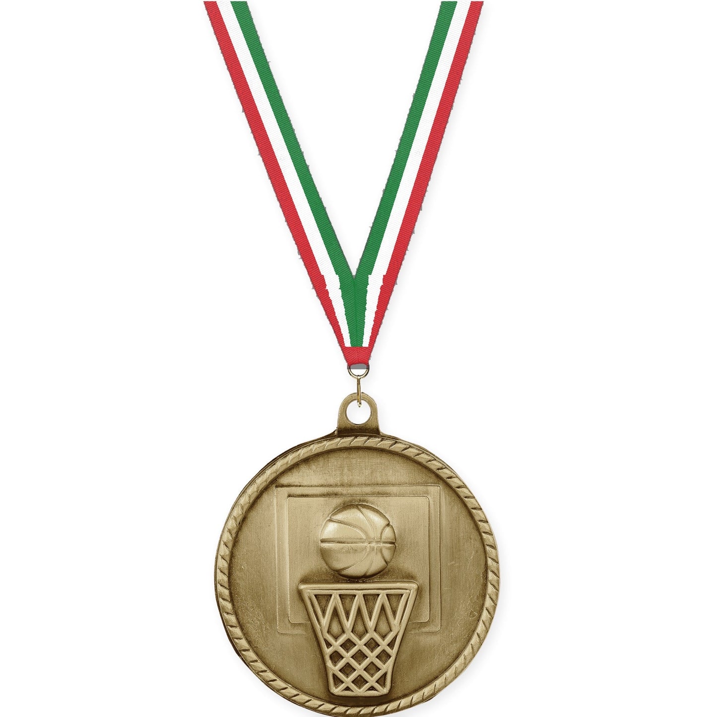 2 inch basketball High Relief medal in antique gold with Red White Green neck ribbon