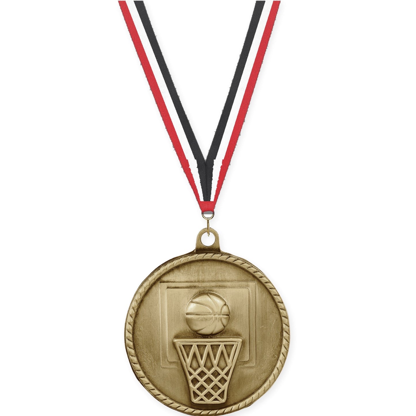 2 inch basketball High Relief medal in antique gold with Red White Black neck ribbon