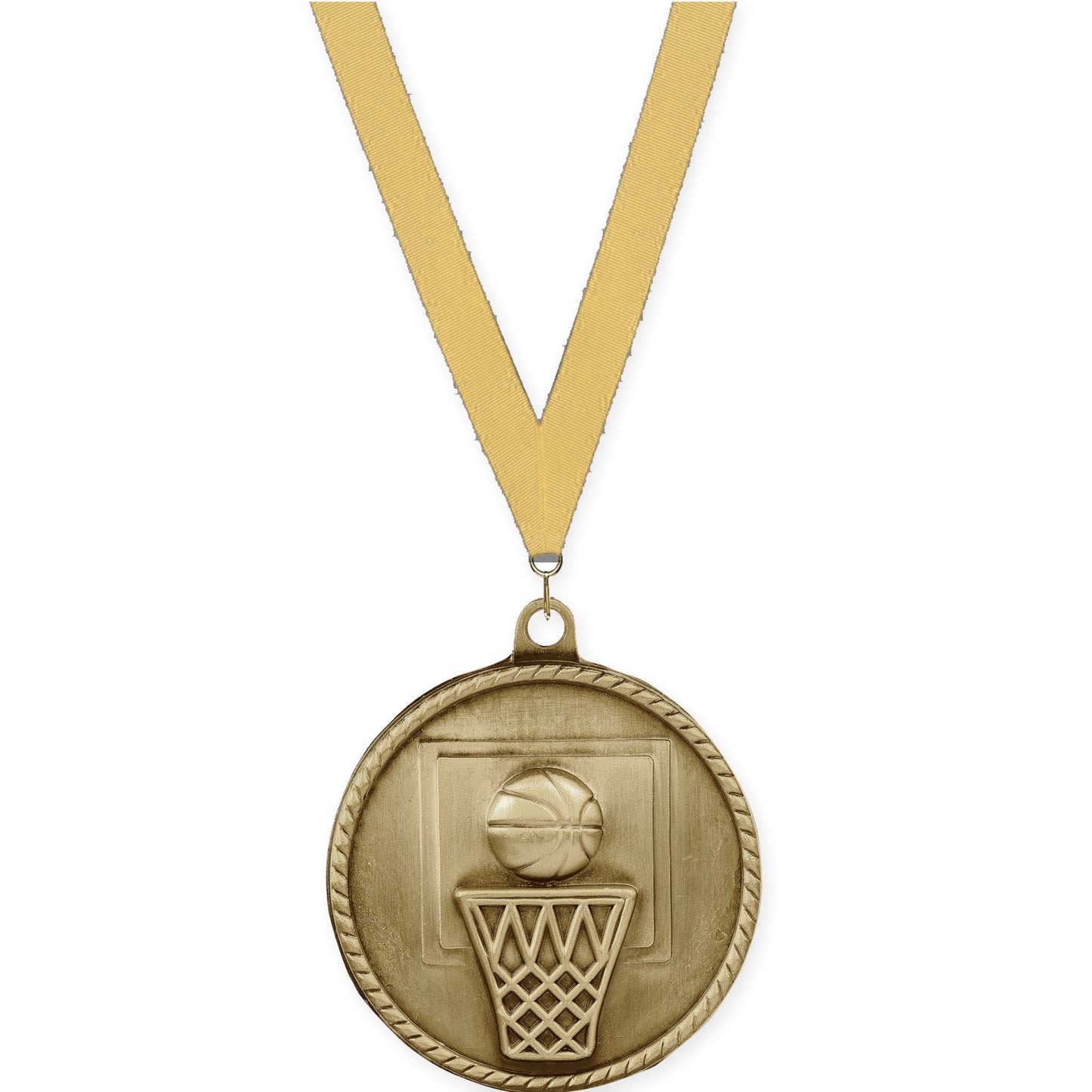 2 inch basketball High Relief medal in antique gold with Gold Metallic neck ribbon