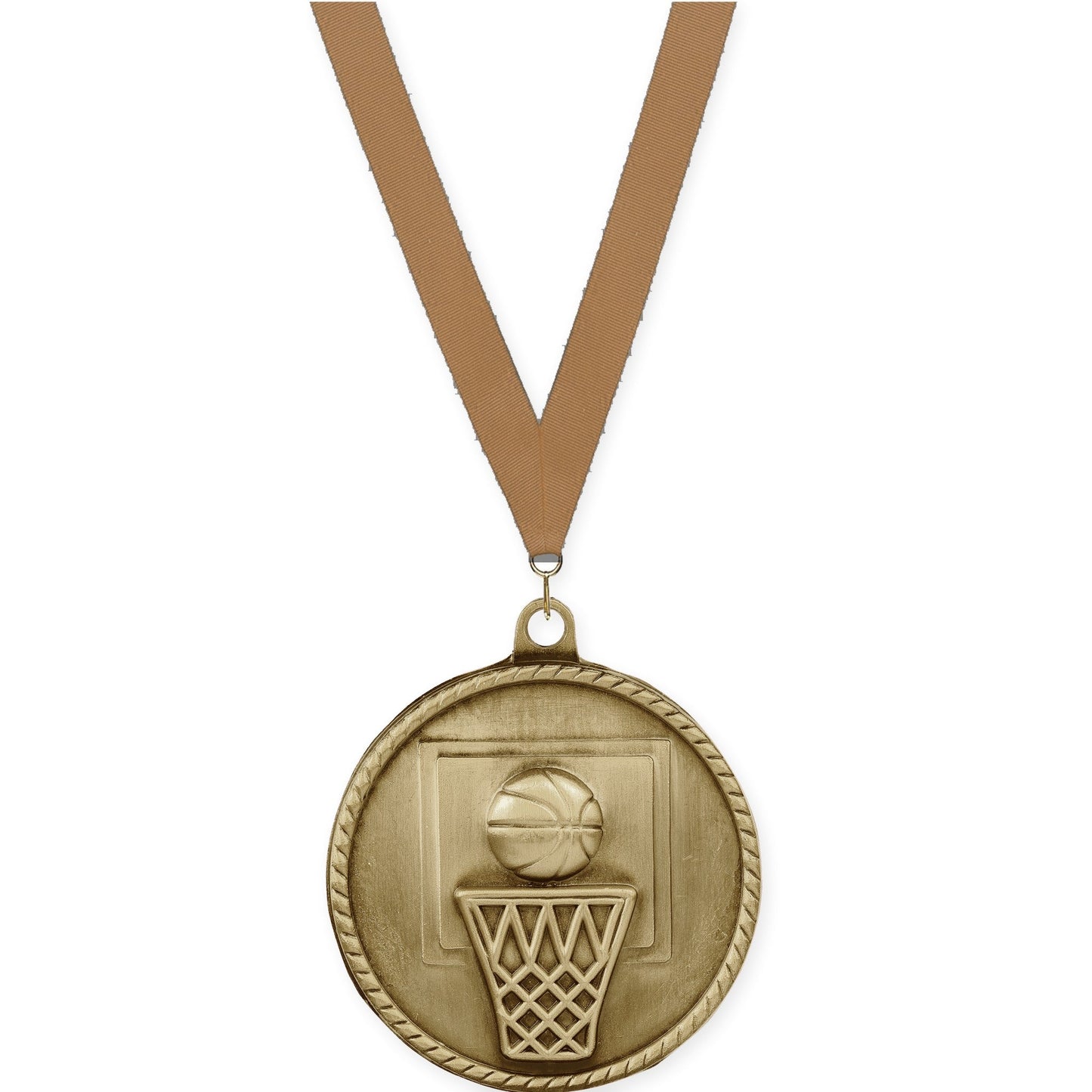 2 inch basketball High Relief medal in antique gold with Bronze Metallic neck ribbon