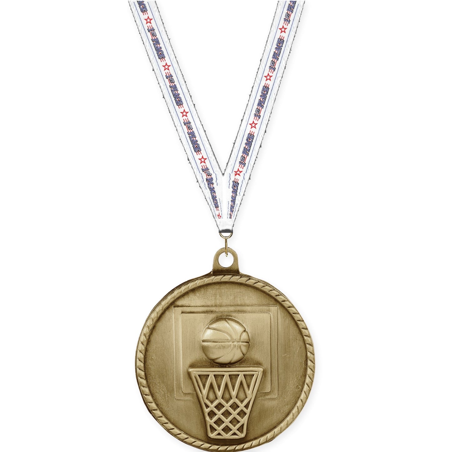 2 inch basketball High Relief medal in antique gold with 1st Place neck ribbon