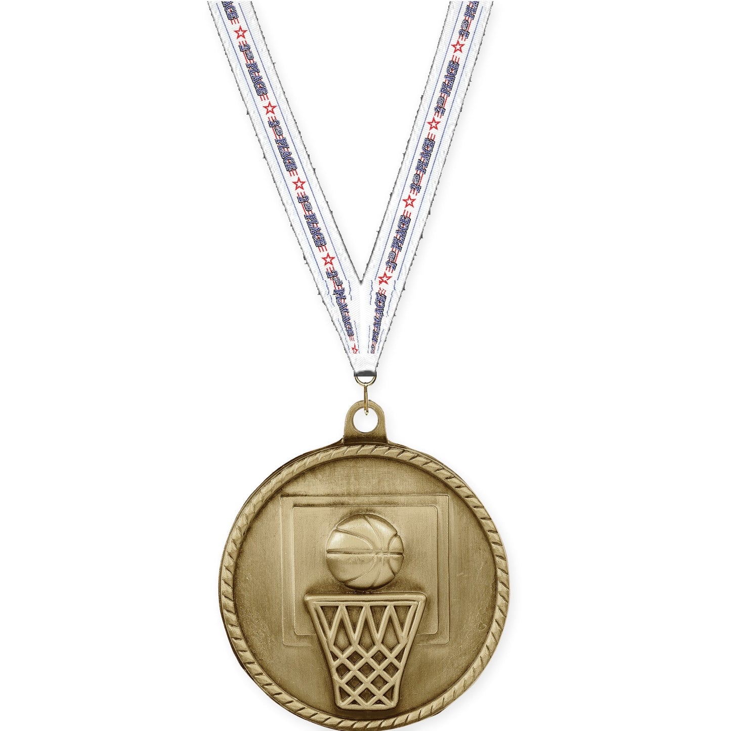 2 inch basketball High Relief medal in antique gold with 2nd Place neck ribbon