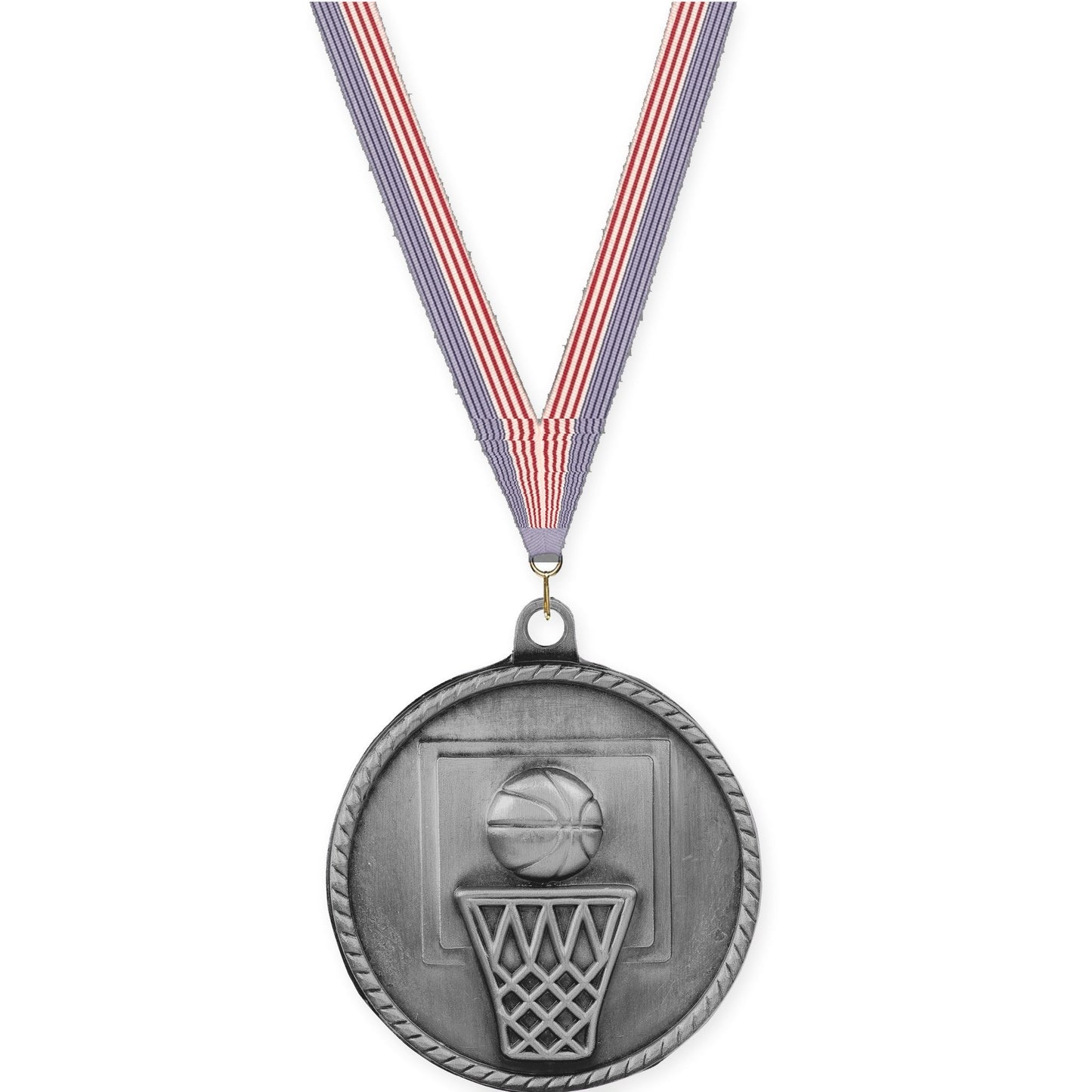 2 inch basketball High Relief medal in antique silver with USA Flag neck ribbon