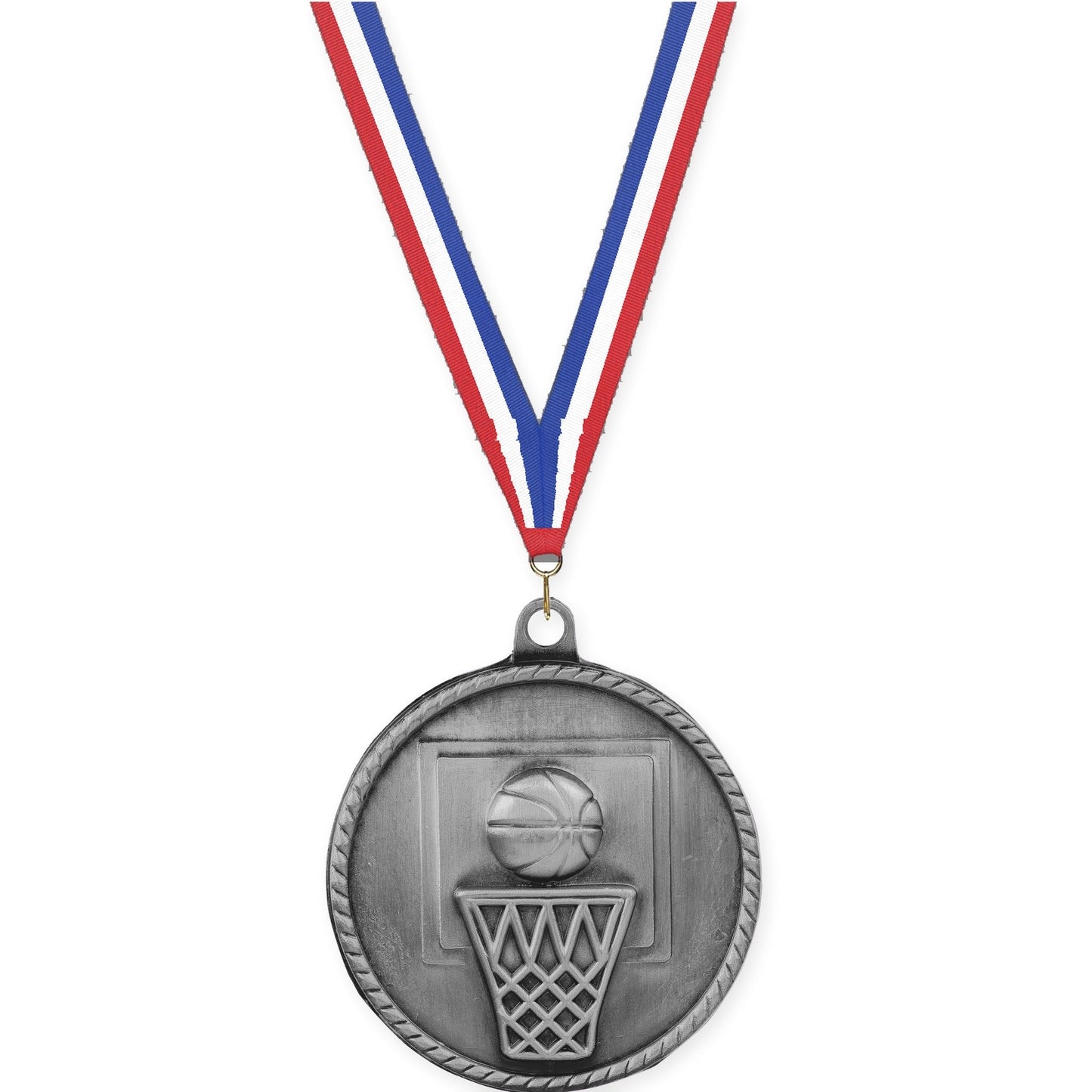 2 inch basketball High Relief medal in antique silver with Red White Blue neck ribbon