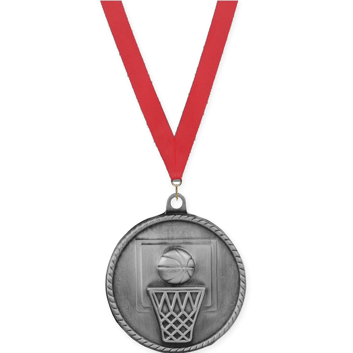 2 inch basketball High Relief medal in antique silver with Red neck ribbon