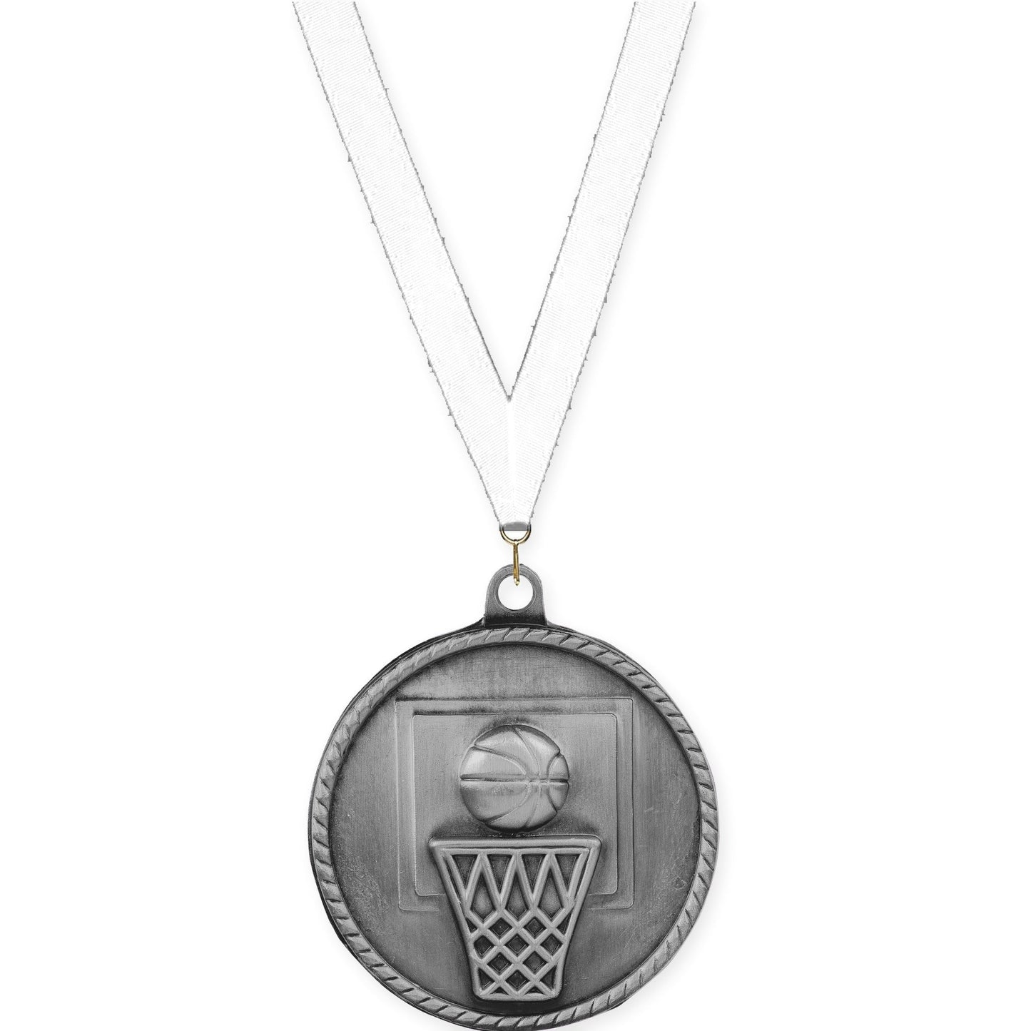 2 inch basketball High Relief medal in antique silver with White neck ribbon