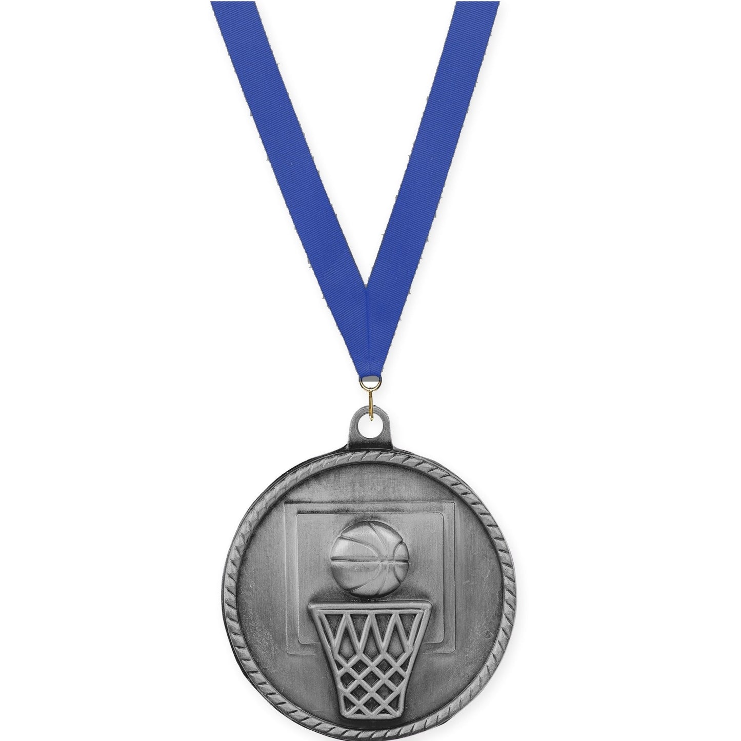 2 inch basketball High Relief medal in antique silver with Blue neck ribbon