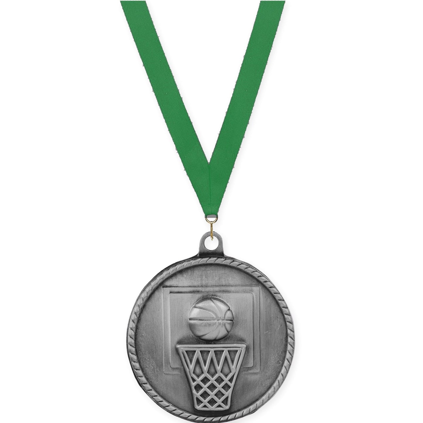 2 inch basketball High Relief medal in antique silver with Green neck ribbon
