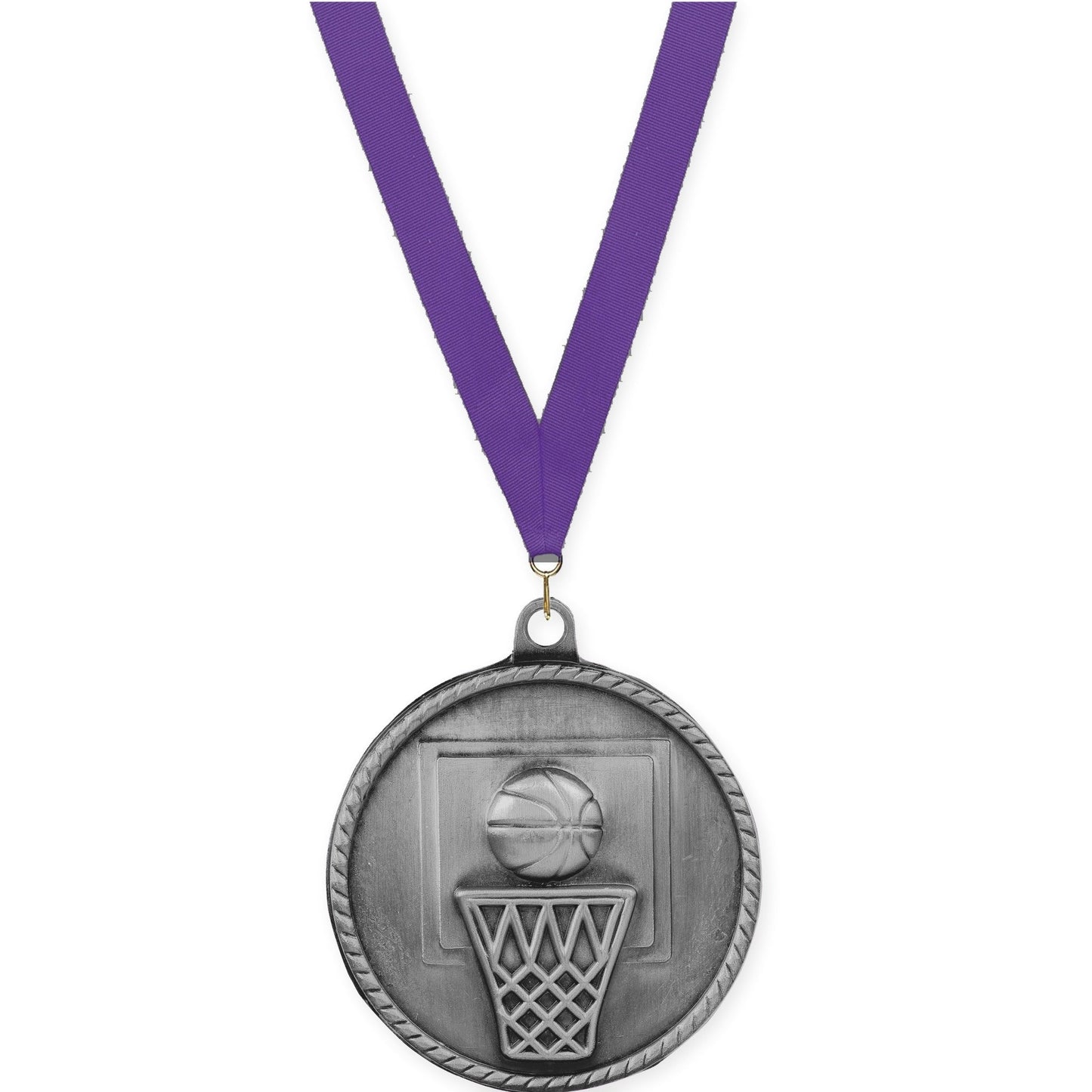 2 inch basketball High Relief medal in antique silver with Purple neck ribbon