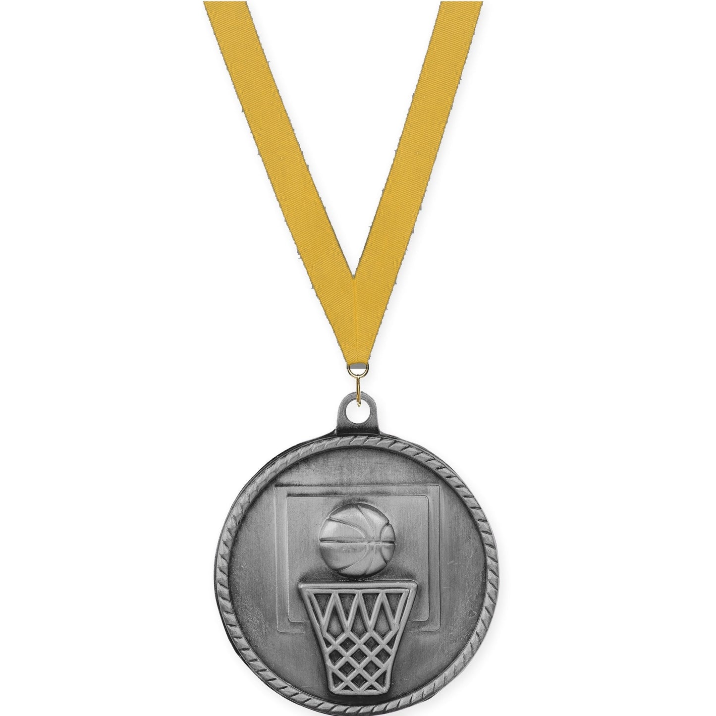 2 inch basketball High Relief medal in antique silver with Gold neck ribbon