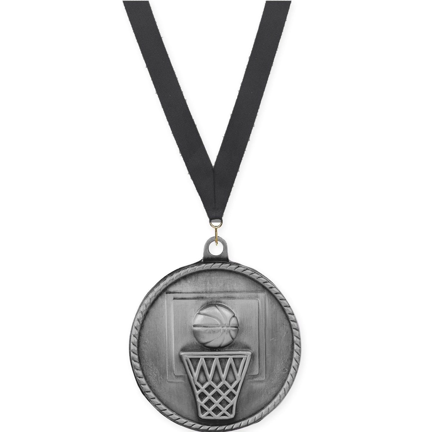 2 inch basketball High Relief medal in antique silver with Black neck ribbon