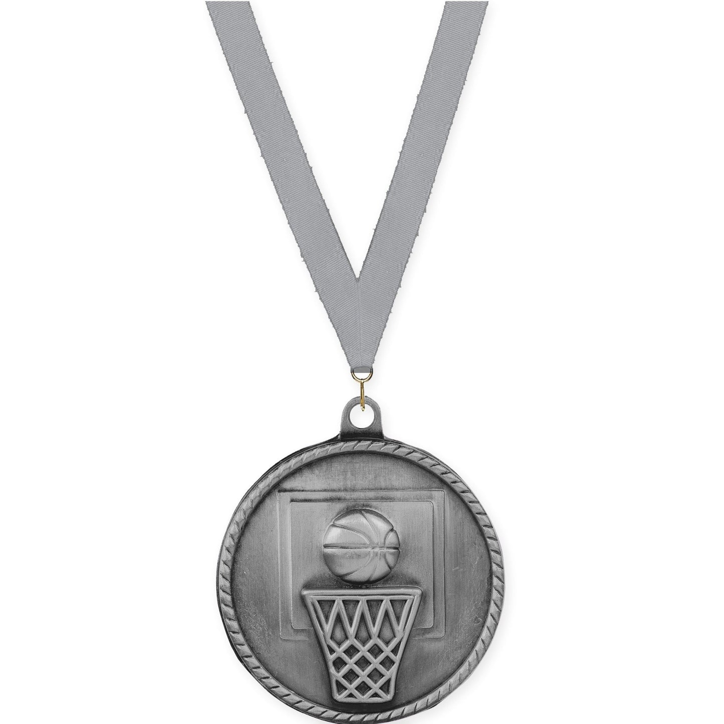 2 inch basketball High Relief medal in antique silver with Gray neck ribbon