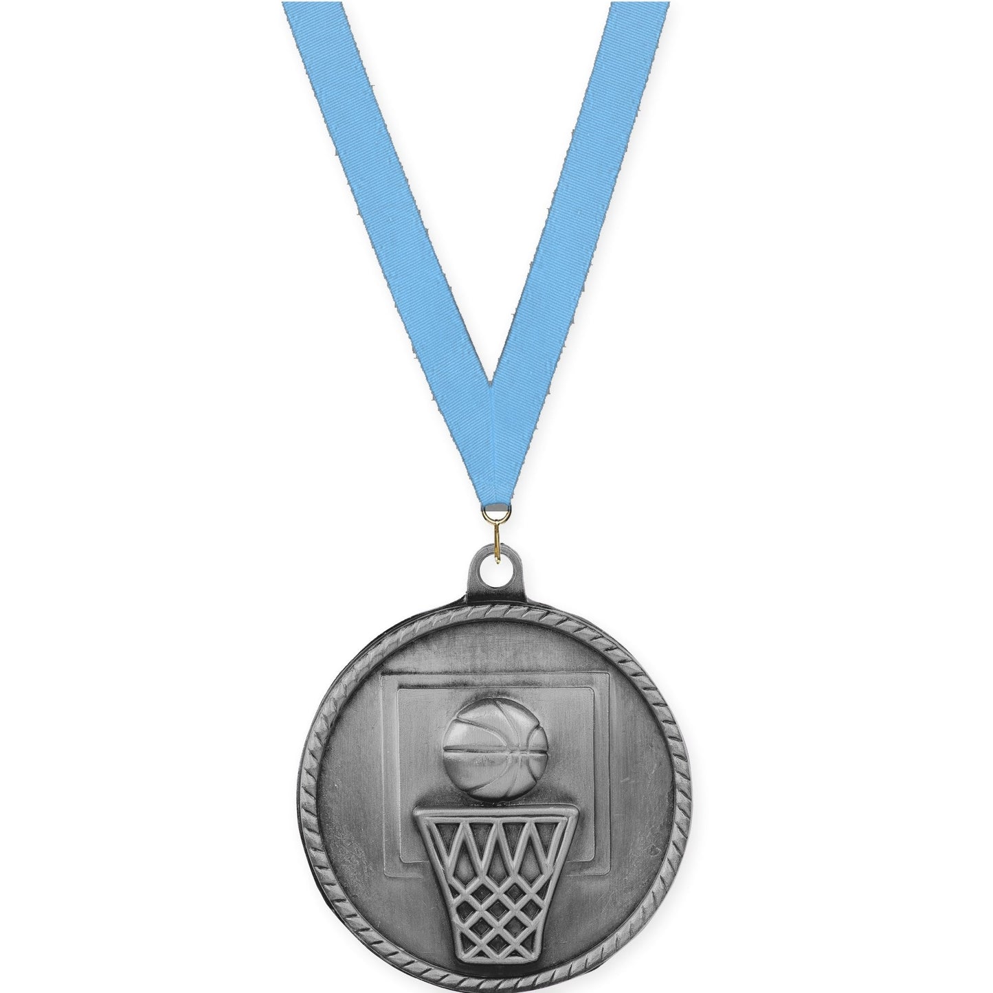 2 inch basketball High Relief medal in antique silver with Light Blue neck ribbon