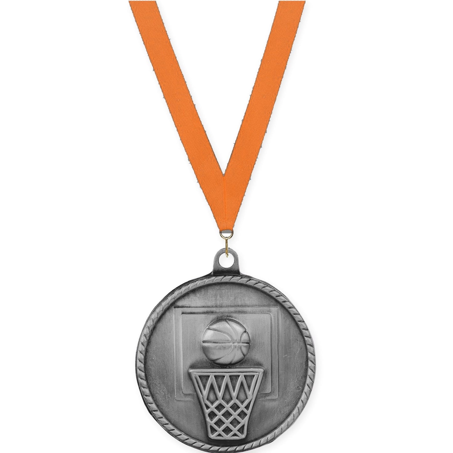 2 inch basketball High Relief medal in antique silver with Orange neck ribbon