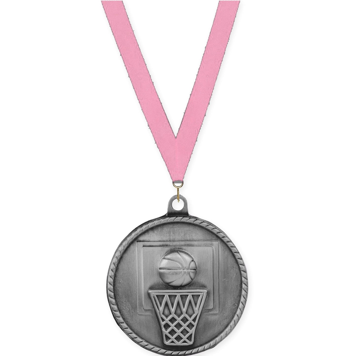 2 inch basketball High Relief medal in antique silver with Pink neck ribbon