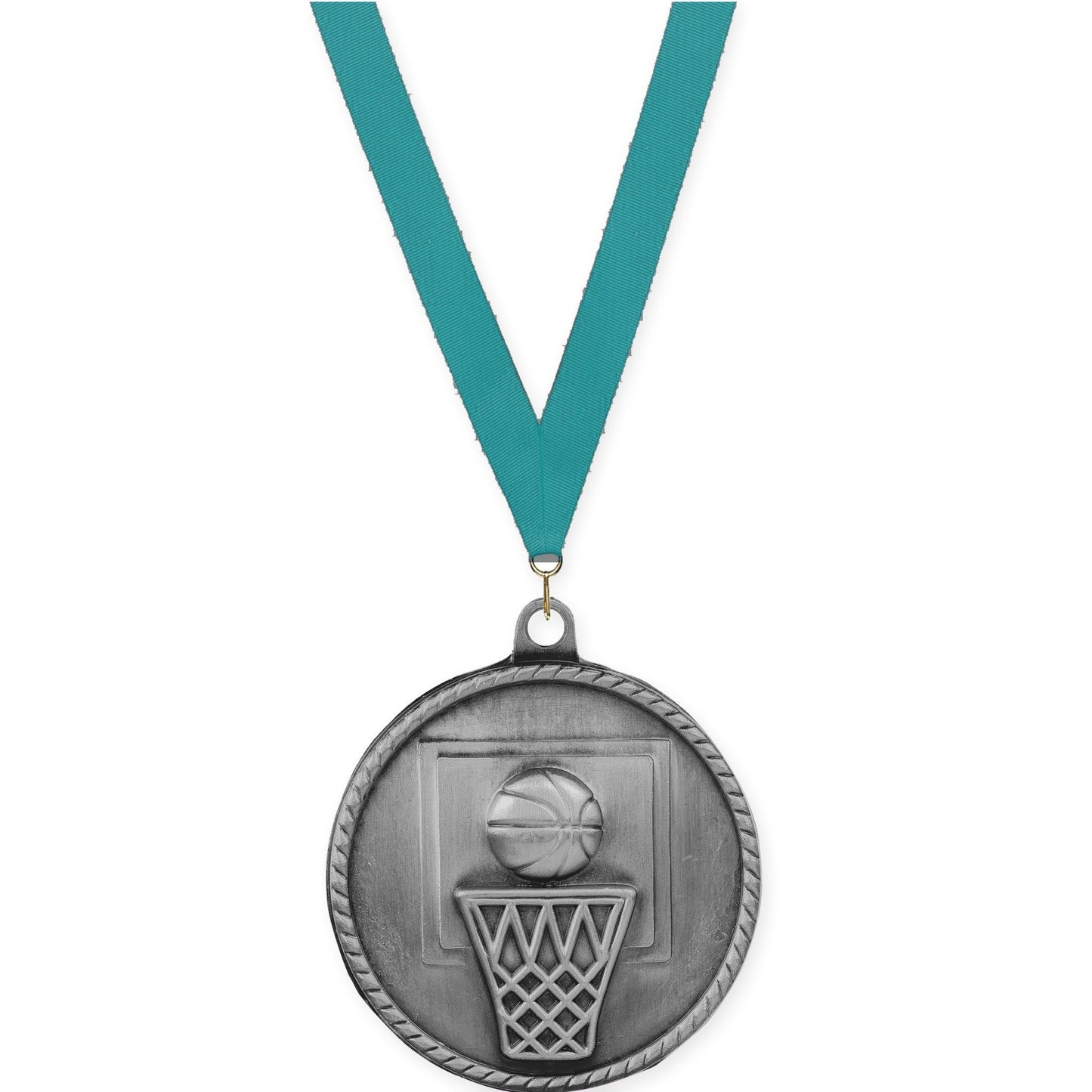 2 inch basketball High Relief medal in antique silver with Teal neck ribbon
