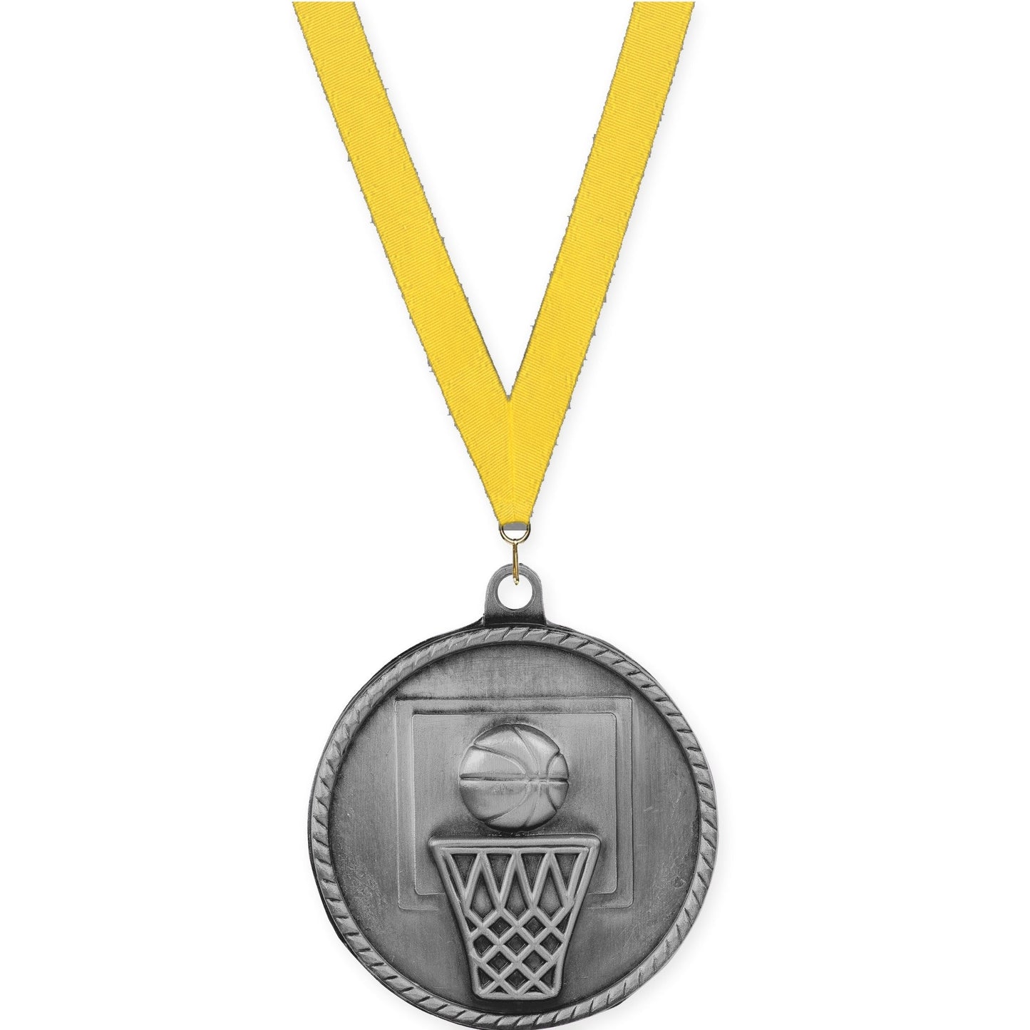 2 inch basketball High Relief medal in antique silver with Yellow neck ribbon