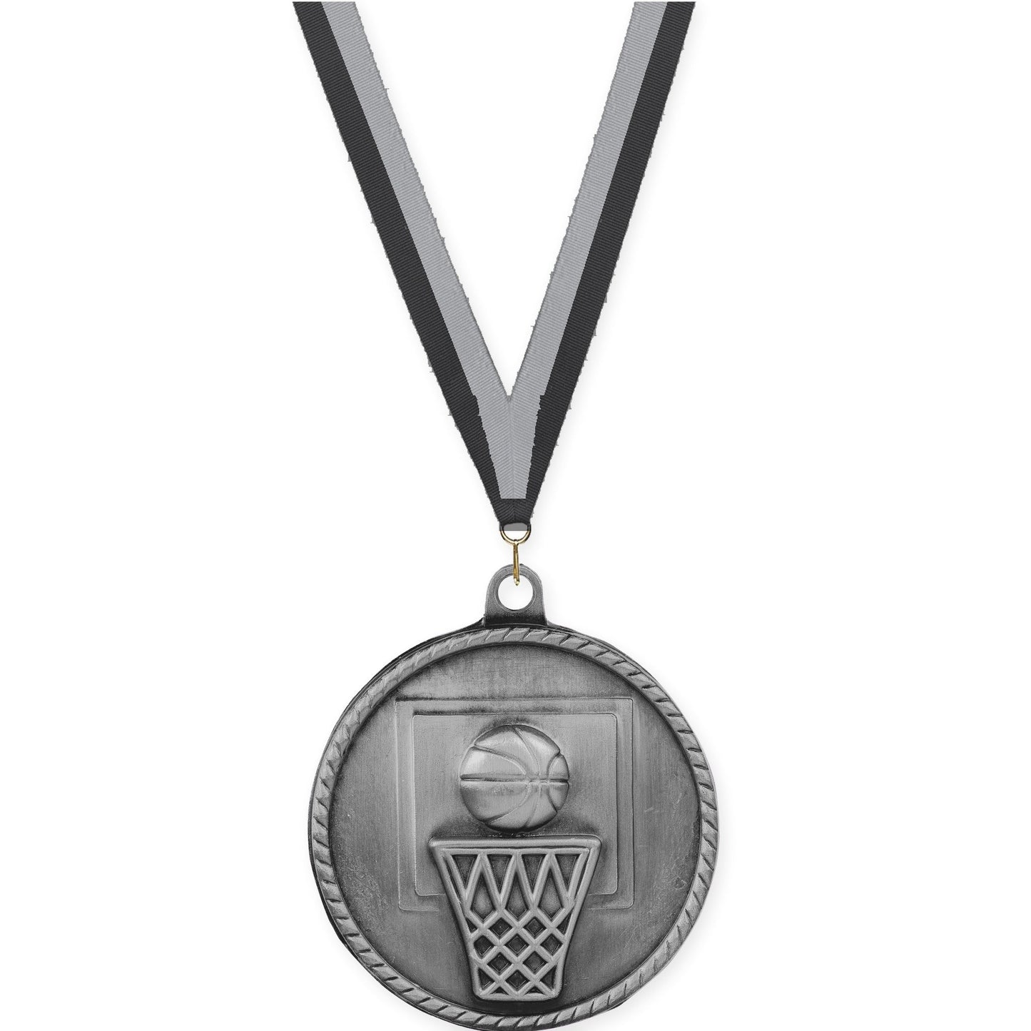 2 inch basketball High Relief medal in antique silver with Black Gray neck ribbon