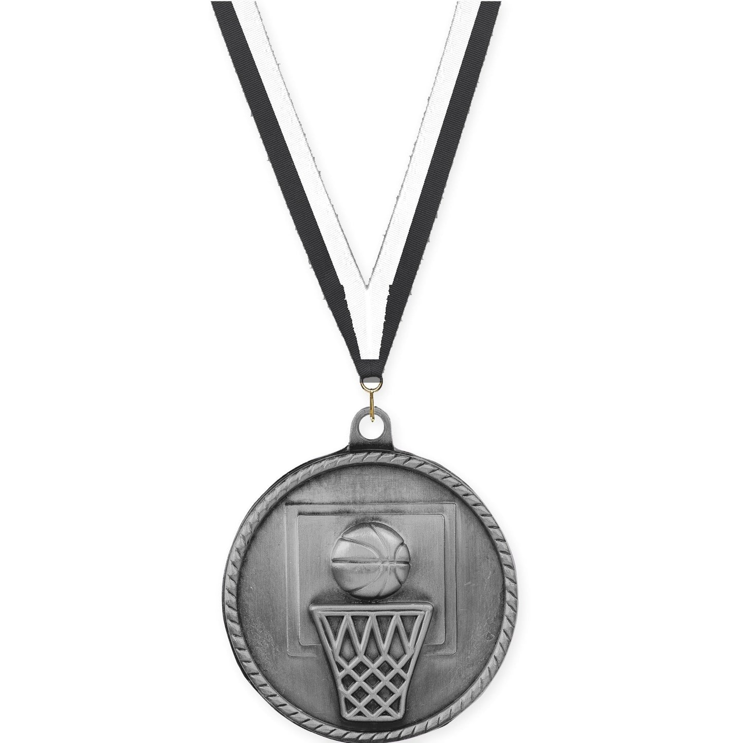 2 inch basketball High Relief medal in antique silver with Black White neck ribbon