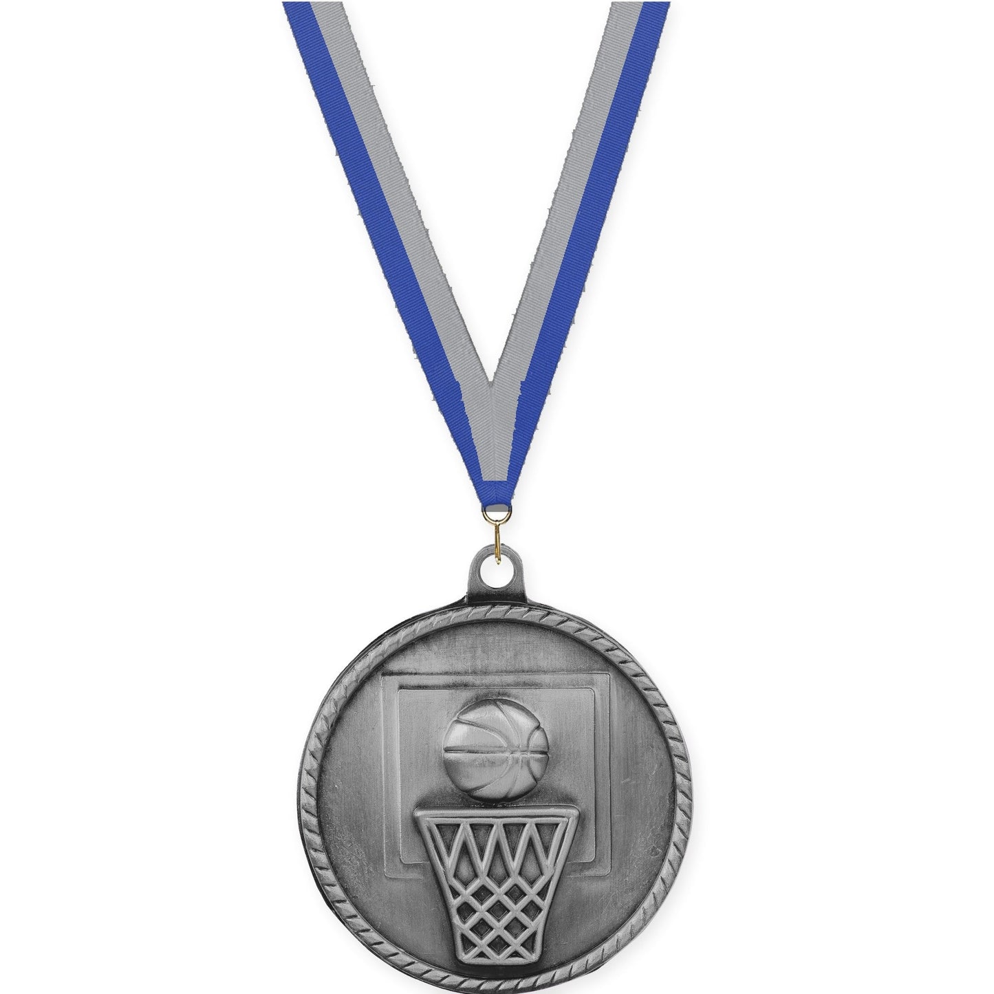 2 inch basketball High Relief medal in antique silver with Blue Gray neck ribbon