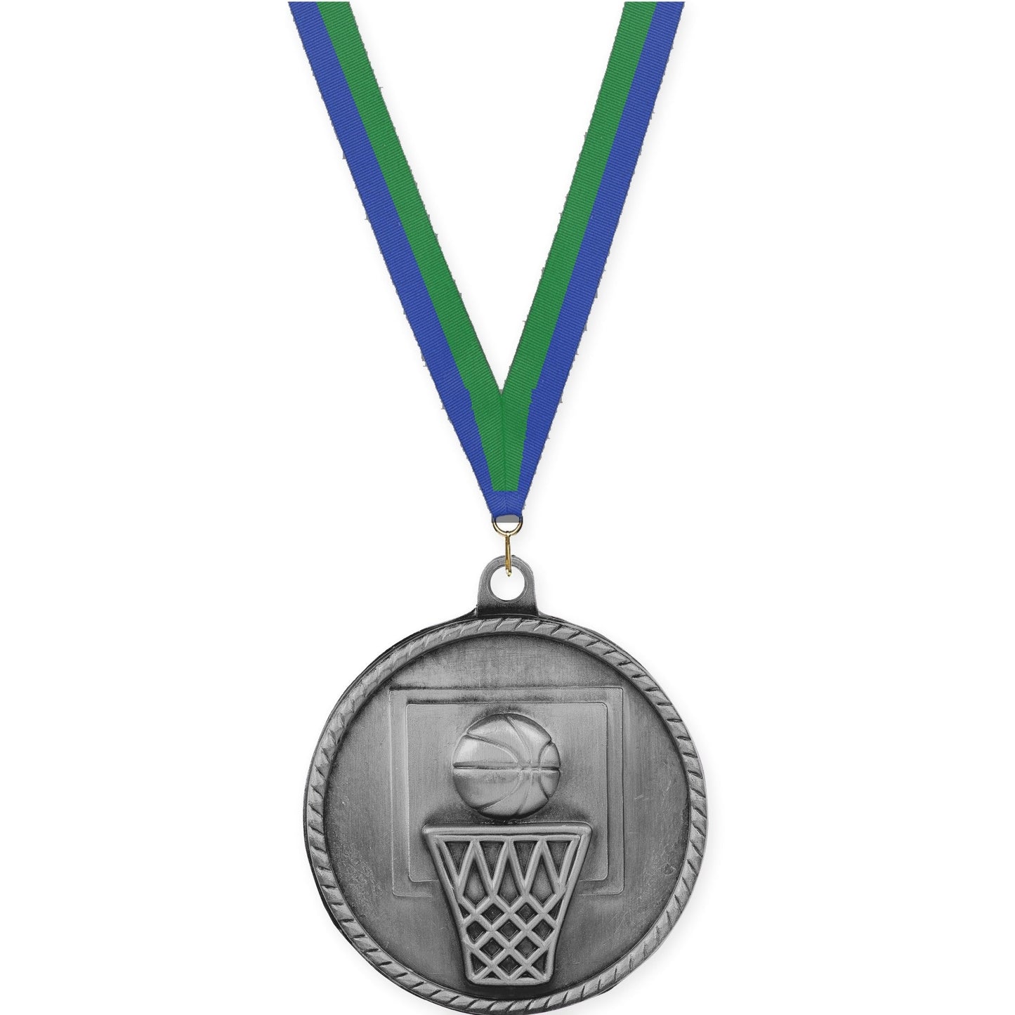 2 inch basketball High Relief medal in antique silver with Blue Green neck ribbon