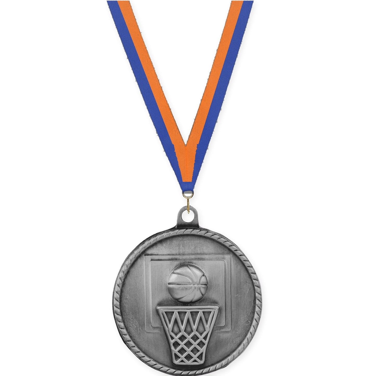 2 inch basketball High Relief medal in antique silver with Blue Orange neck ribbon