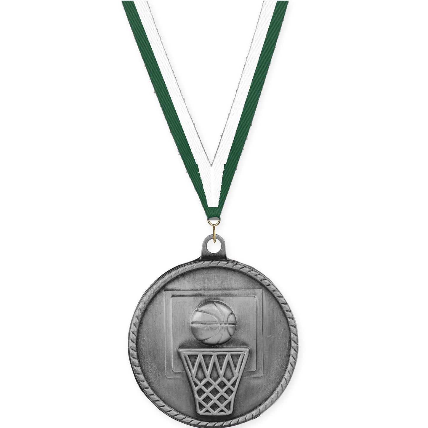 2 inch basketball High Relief medal in antique silver with Hunter Green White neck ribbon