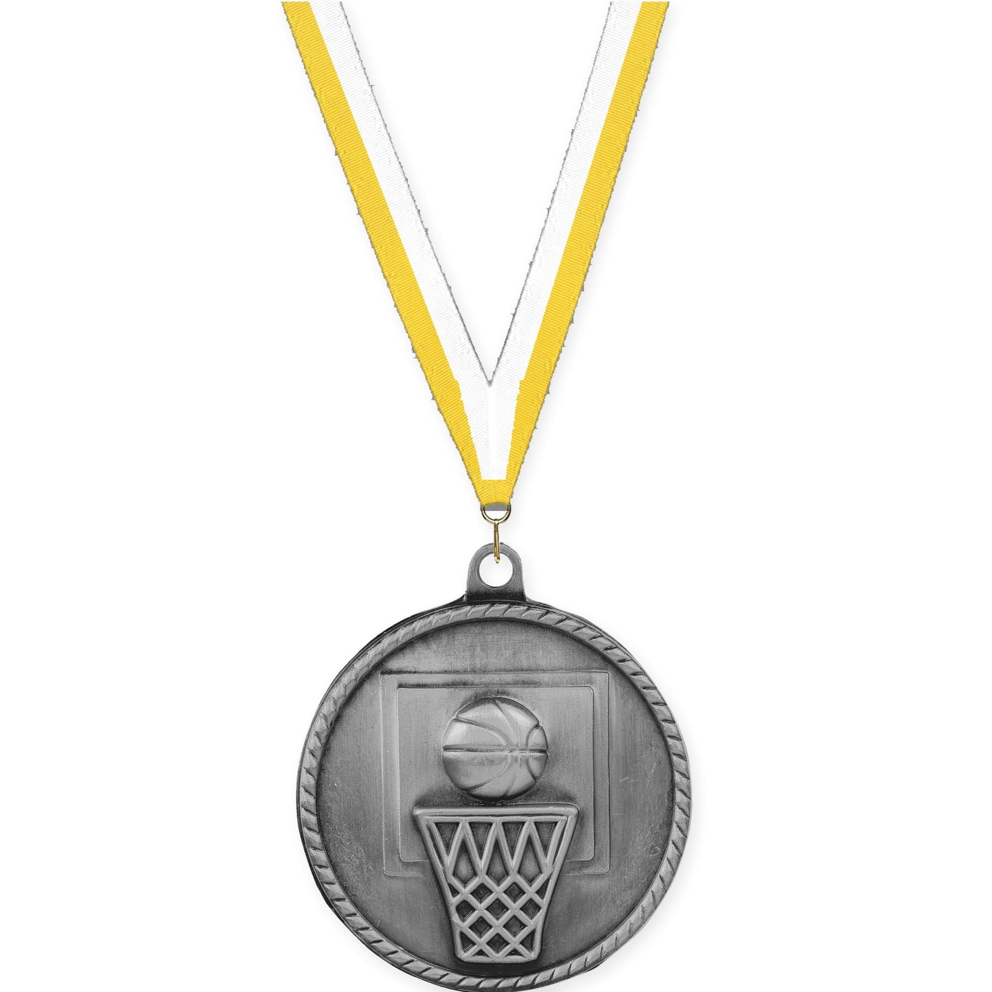 2 inch basketball High Relief medal in antique silver with Yellow White neck ribbon