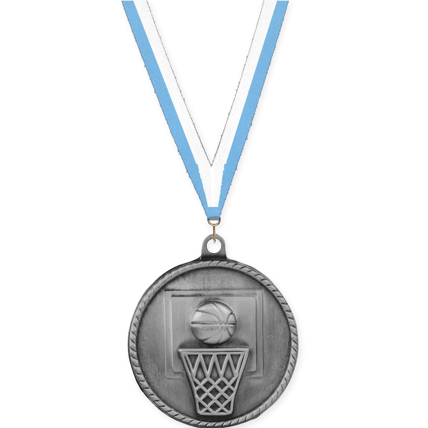 2 inch basketball High Relief medal in antique silver with Light Blue White neck ribbon