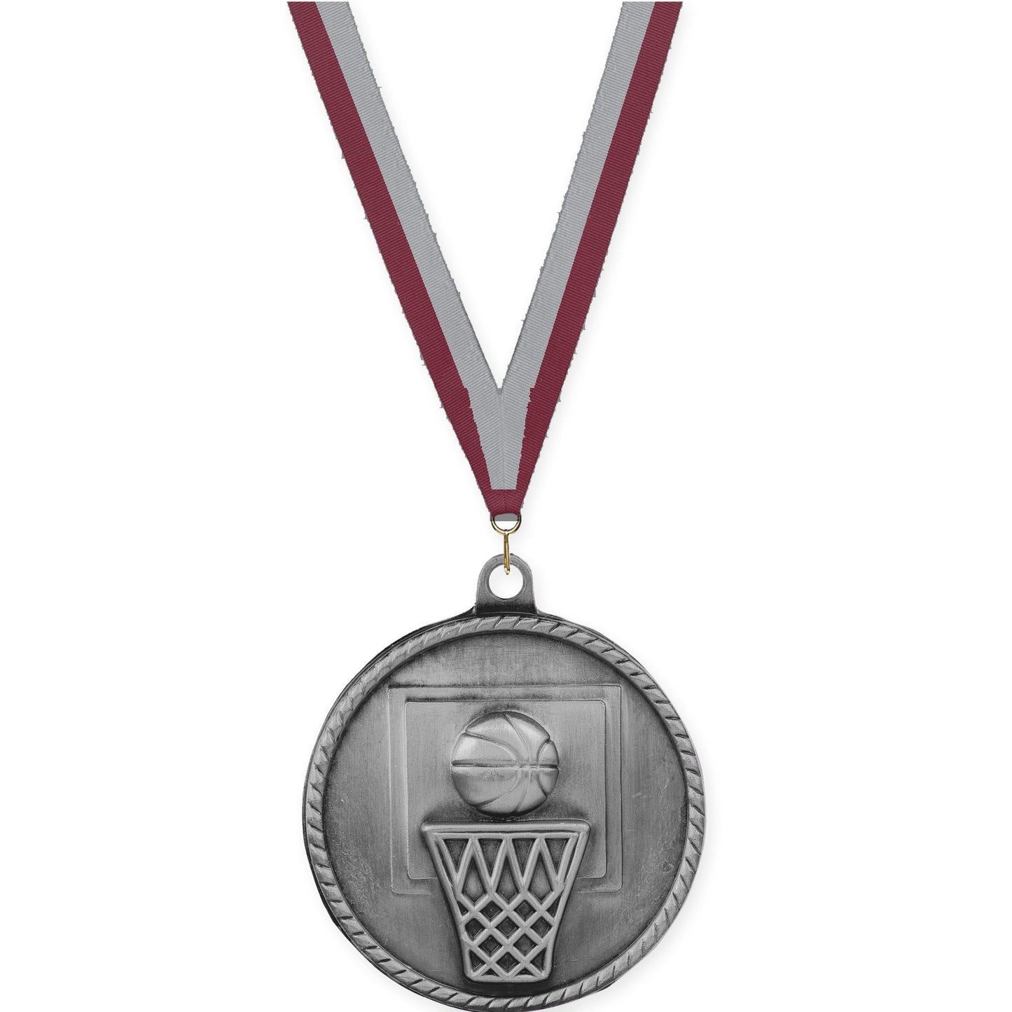 2 inch basketball High Relief medal in antique silver with Maroon Gray neck ribbon