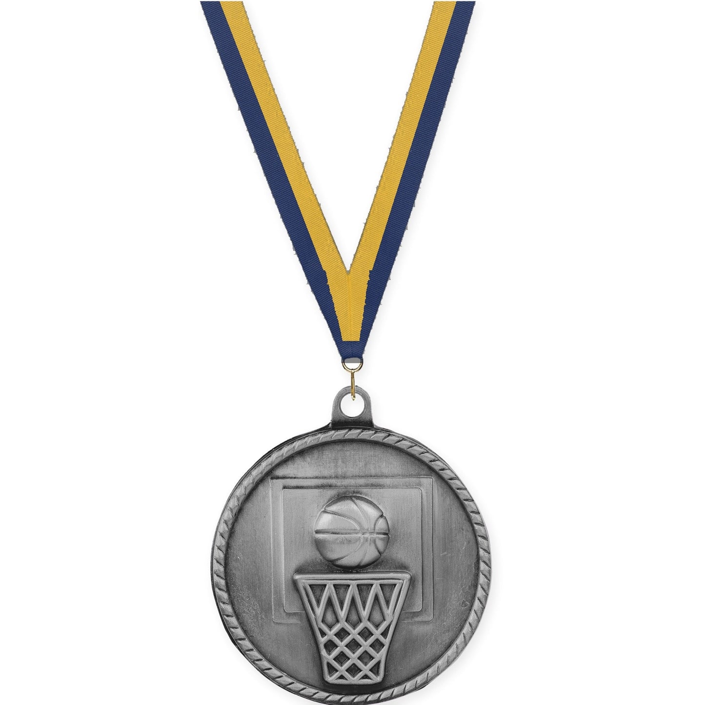 2 inch basketball High Relief medal in antique silver with Navy Gold neck ribbon