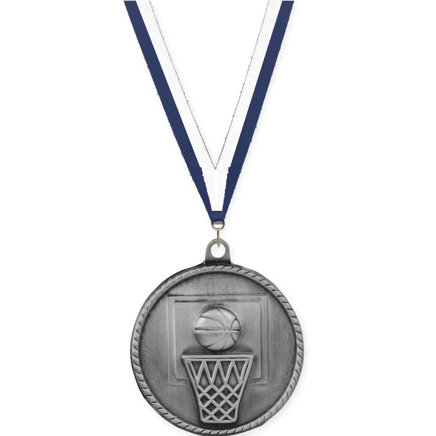 2 inch basketball High Relief medal in antique silver with Navy White neck ribbon