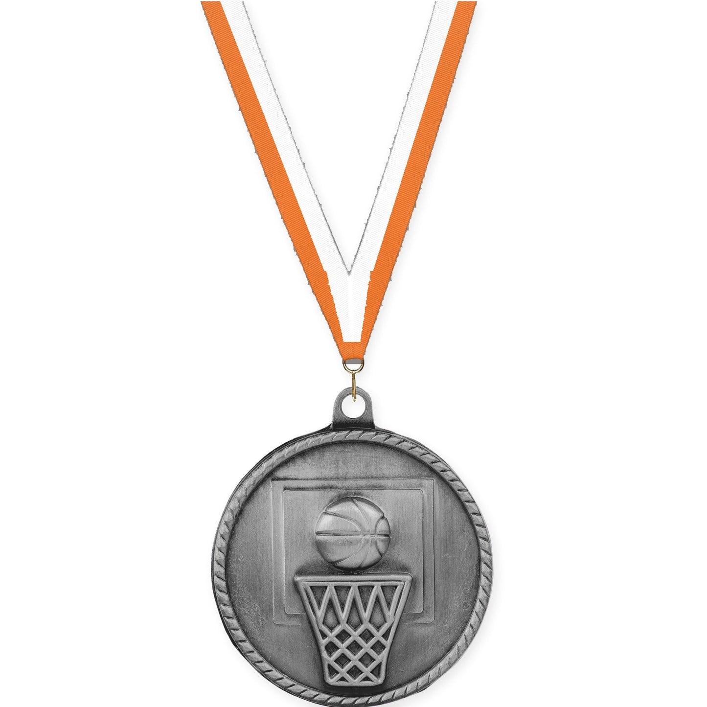 2 inch basketball High Relief medal in antique silver with Orange White neck ribbon