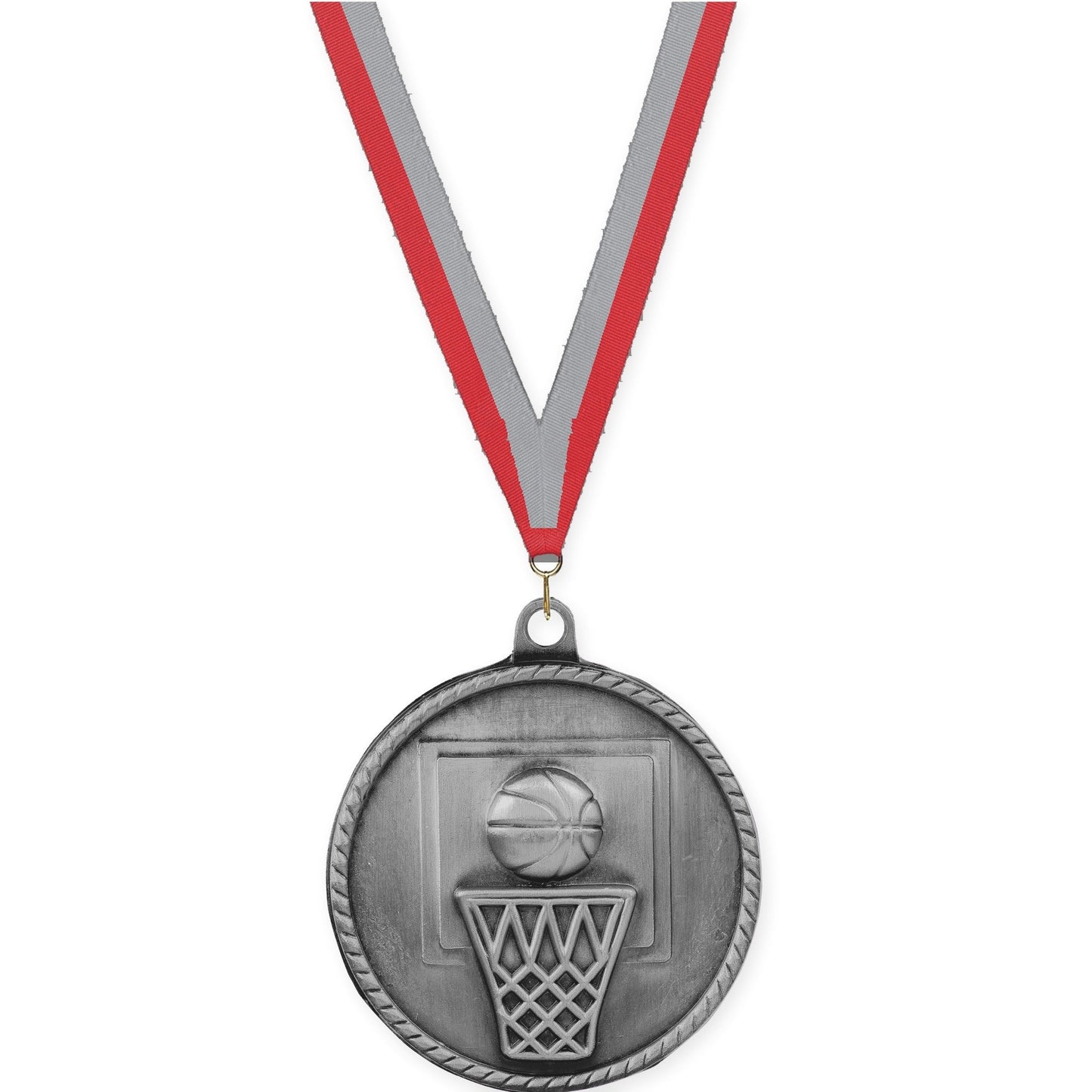 2 inch basketball High Relief medal in antique silver with Red Gray neck ribbon