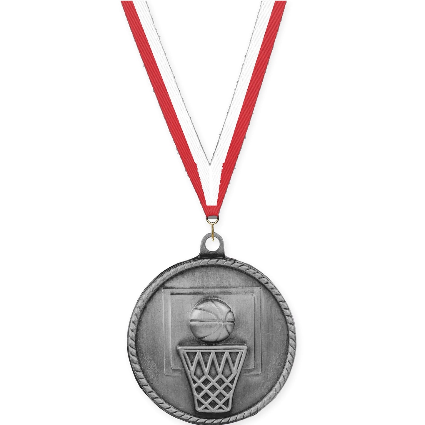 2 inch basketball High Relief medal in antique silver with Red White neck ribbon
