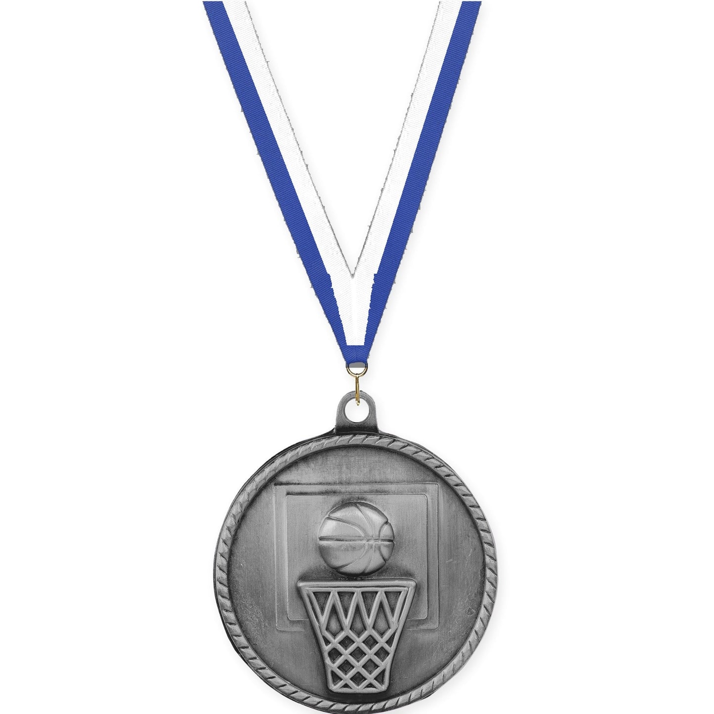 2 inch basketball High Relief medal in antique silver with Blue White neck ribbon