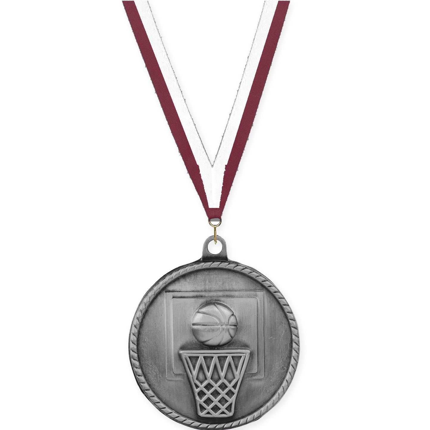 2 inch basketball High Relief medal in antique silver with Maroon White neck ribbon