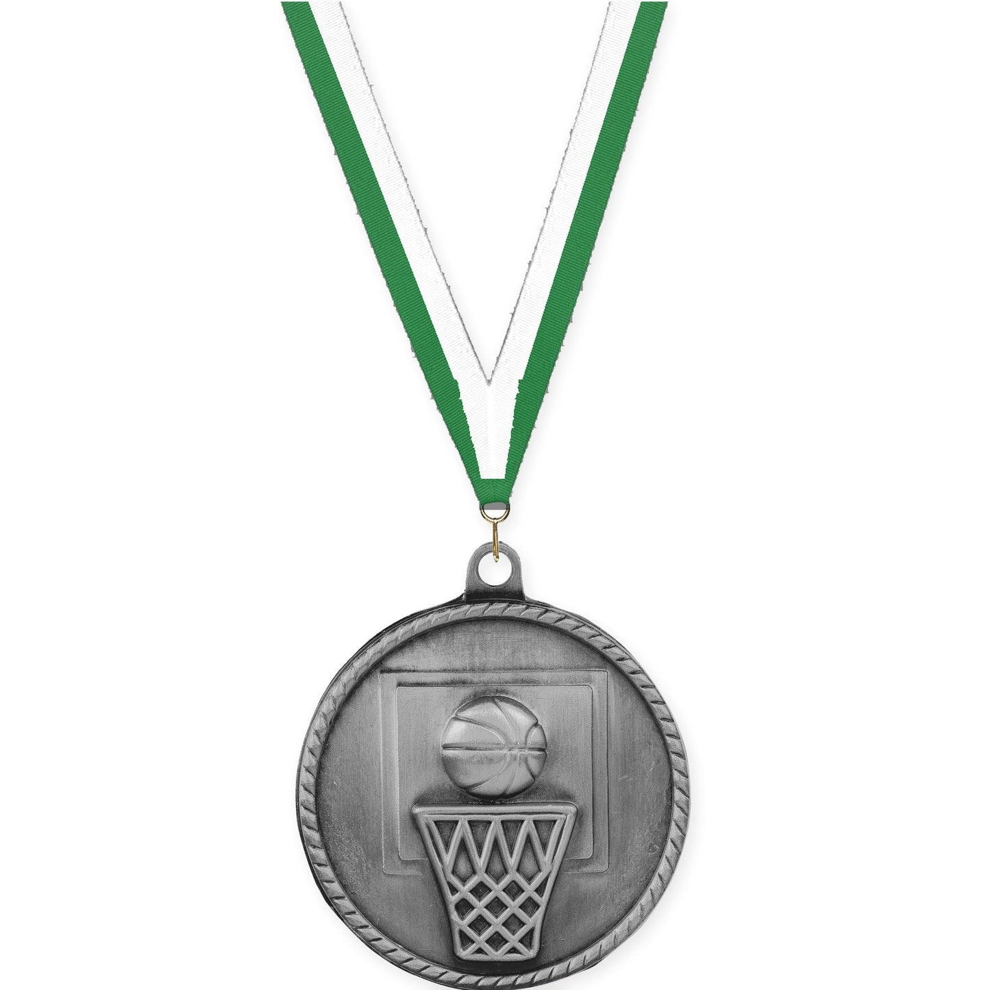 2 inch basketball High Relief medal in antique silver with Green White neck ribbon