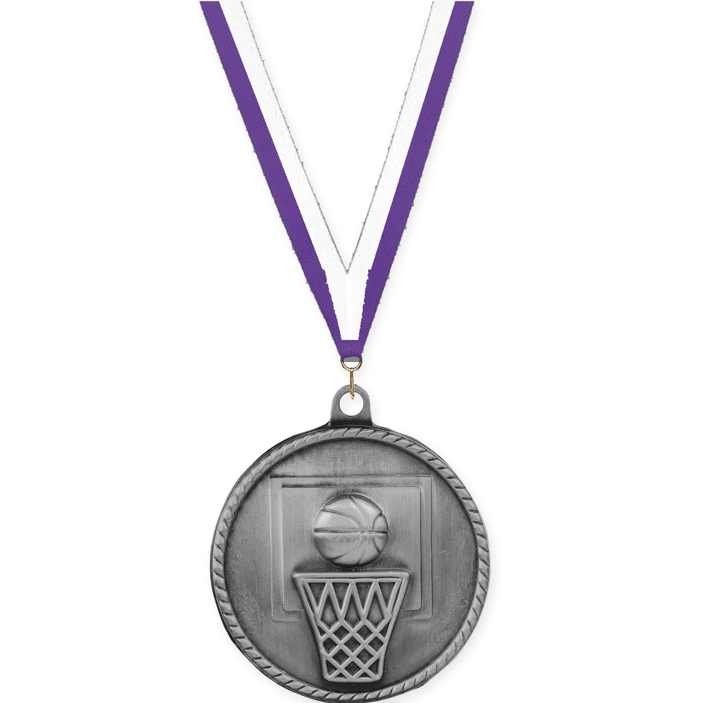 2 inch basketball High Relief medal in antique silver with Purple White neck ribbon