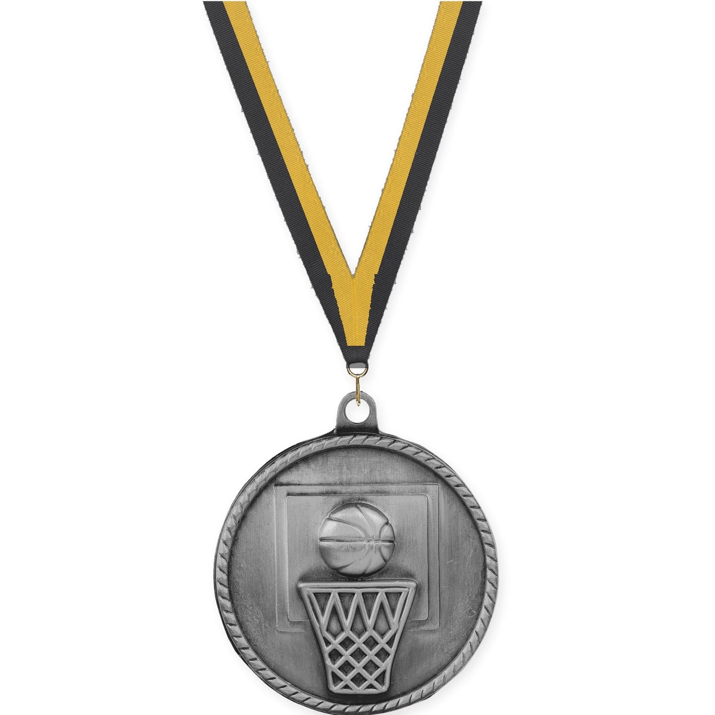 2 inch basketball High Relief medal in antique silver with Black Gold neck ribbon