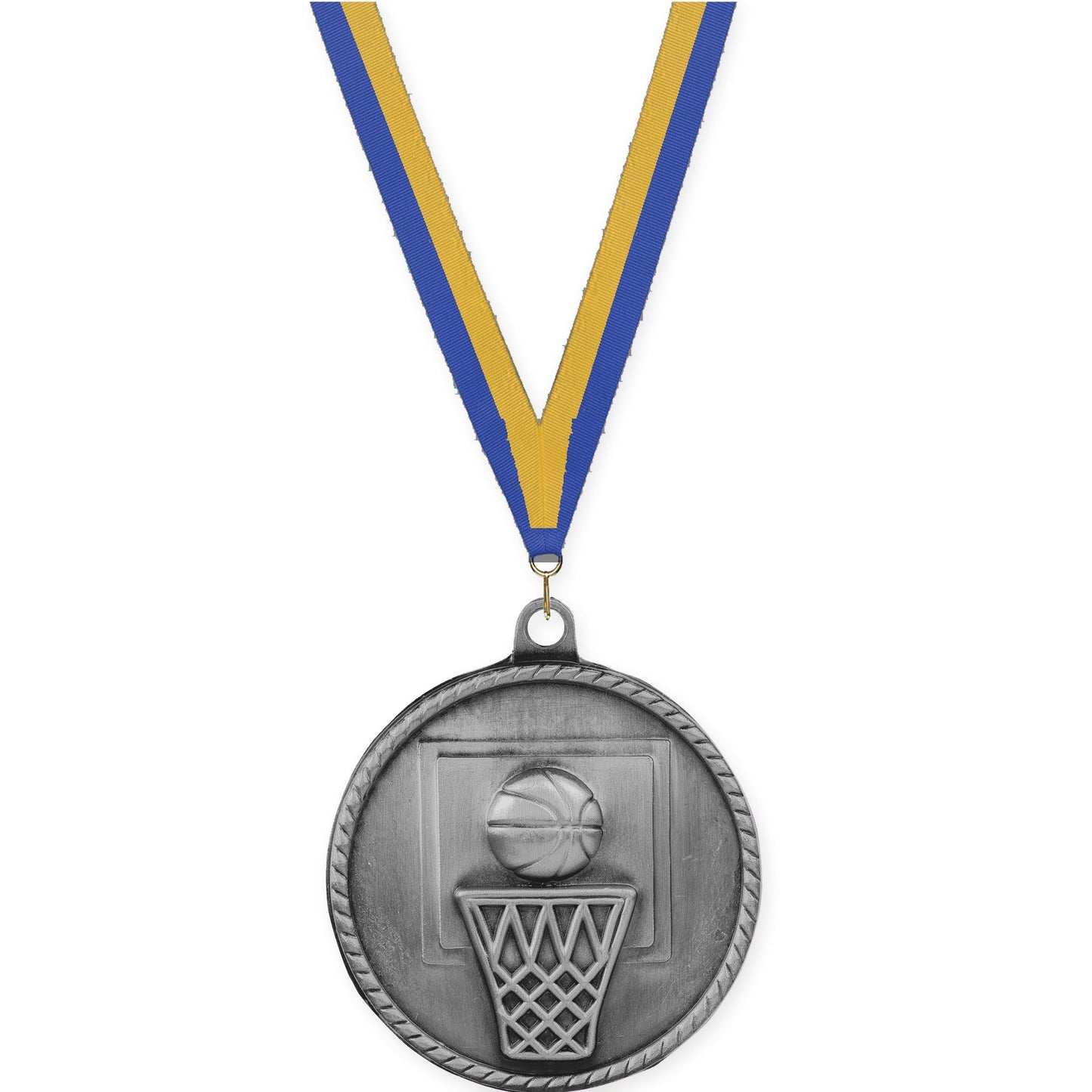 2 inch basketball High Relief medal in antique silver with Blue Gold neck ribbon