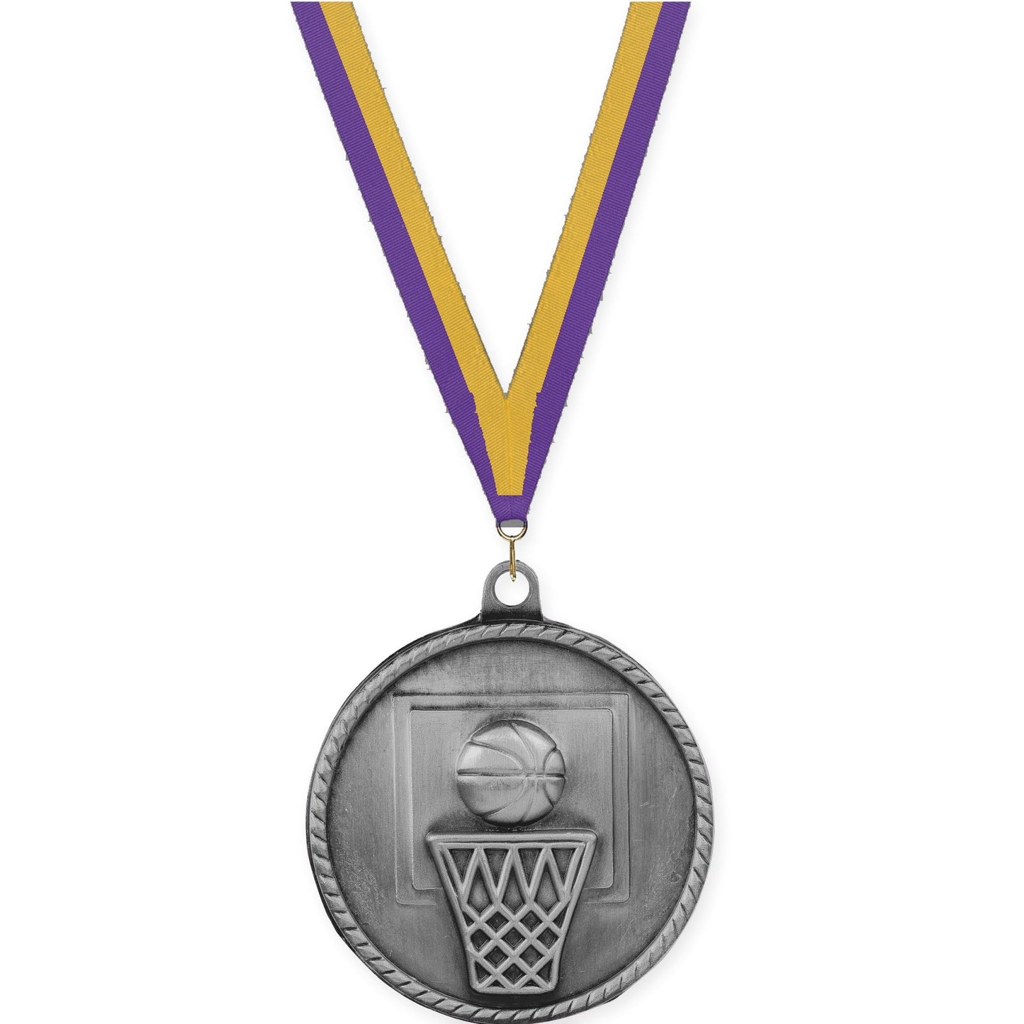 2 inch basketball High Relief medal in antique silver with Purple Gold neck ribbon