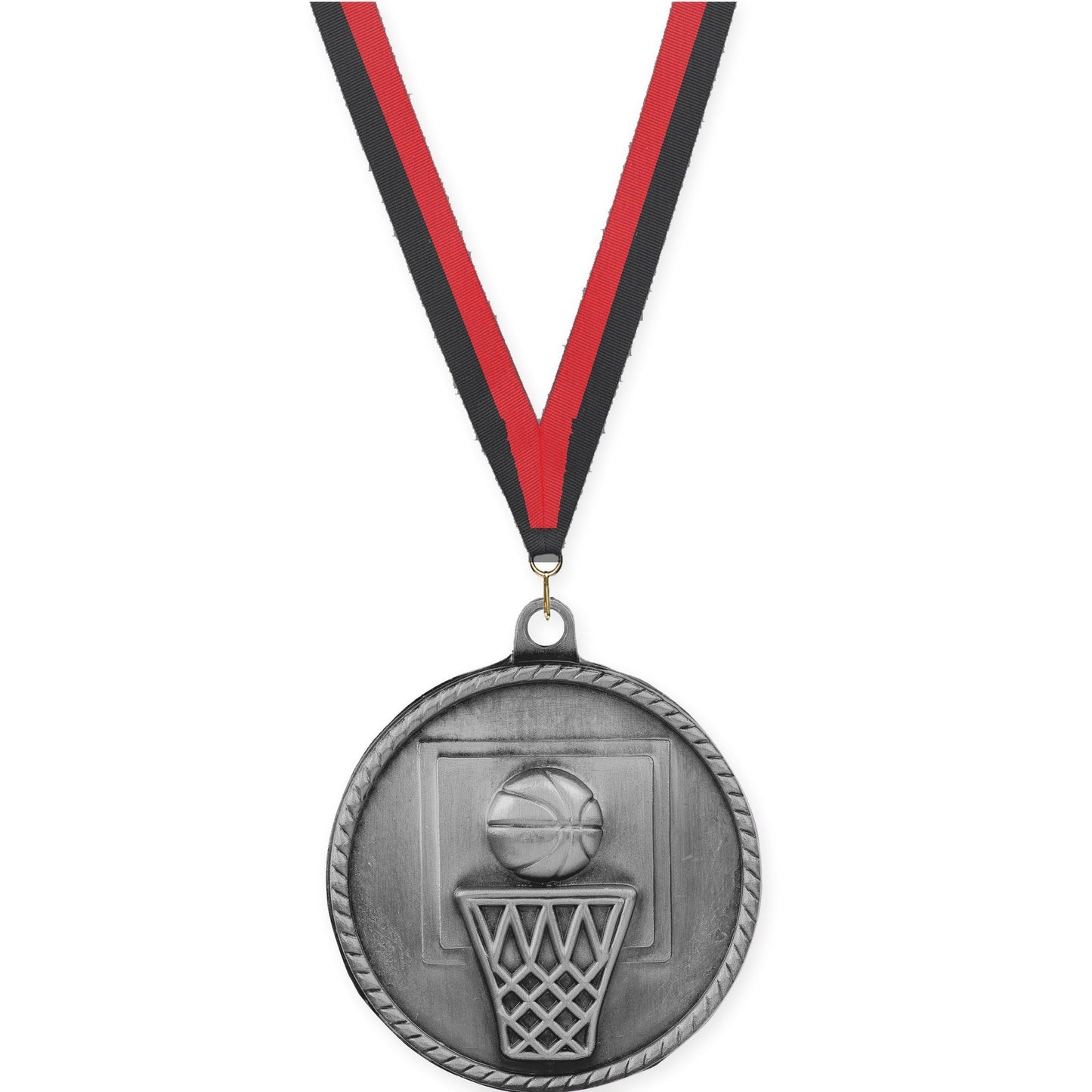 2 inch basketball High Relief medal in antique silver with Black Red neck ribbon